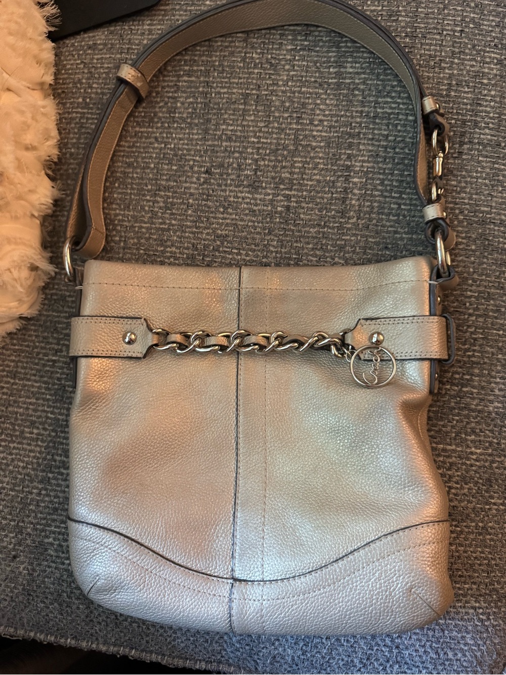 Coach F19722 Metallic Champagne Pebbled Leather Chain Hobo Shoulder Bag